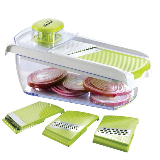 MANDOLIN SLICER WITH 5-CUP STORAGE CONTAINER AND 4 INTERCHANGEABLE